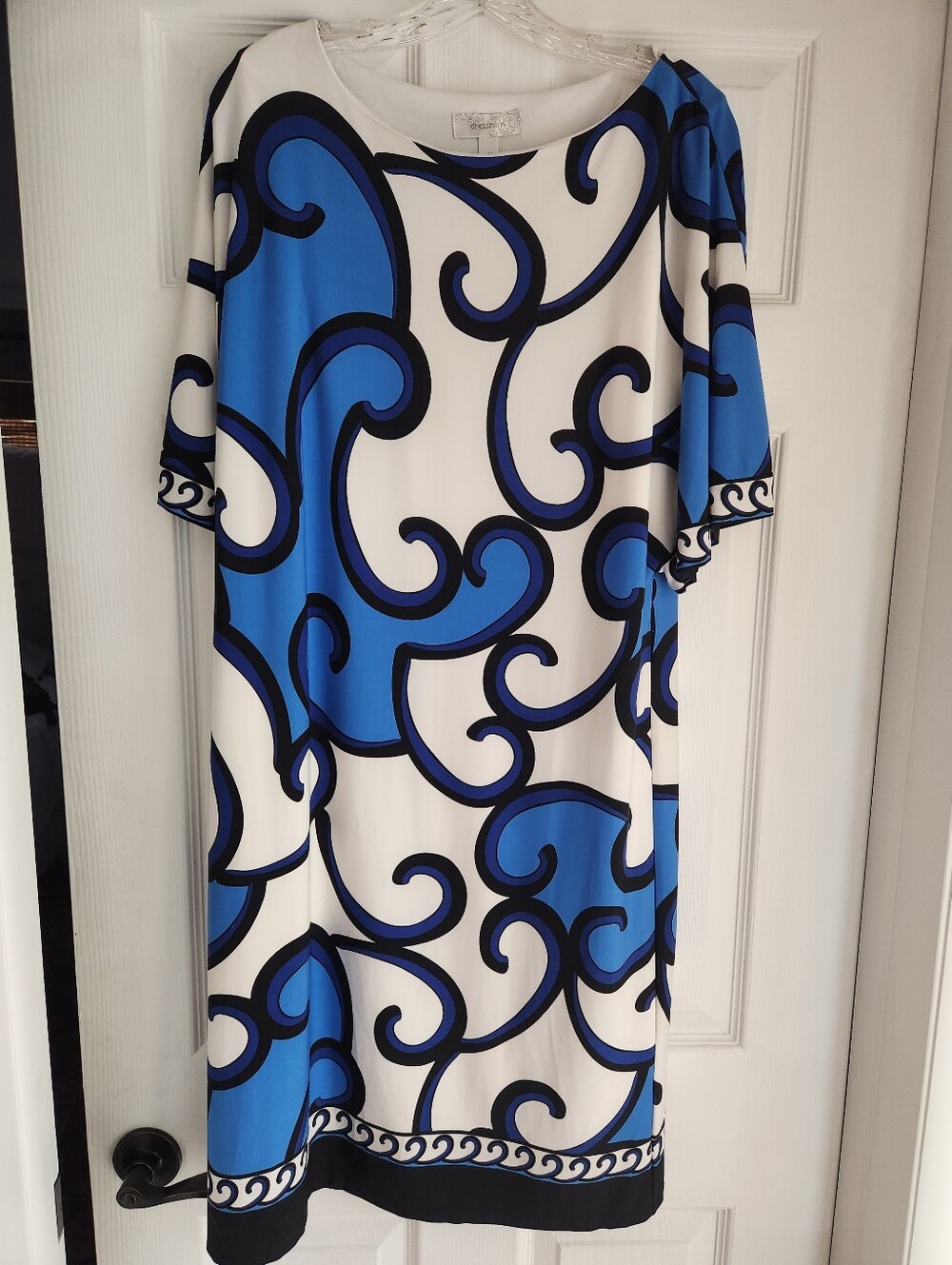 Dress Barn Blue and White Scroll-Print Midi Dress